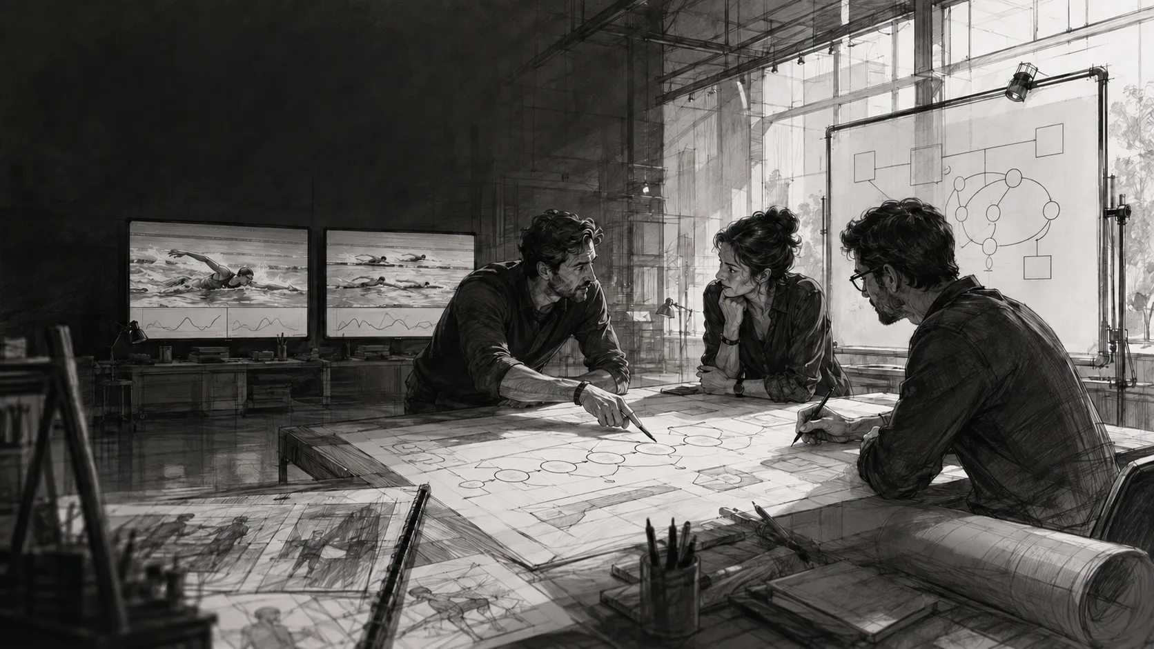 Ilustração de três pessoas discutindo desenhos e processos em uma mesa de planejamento.